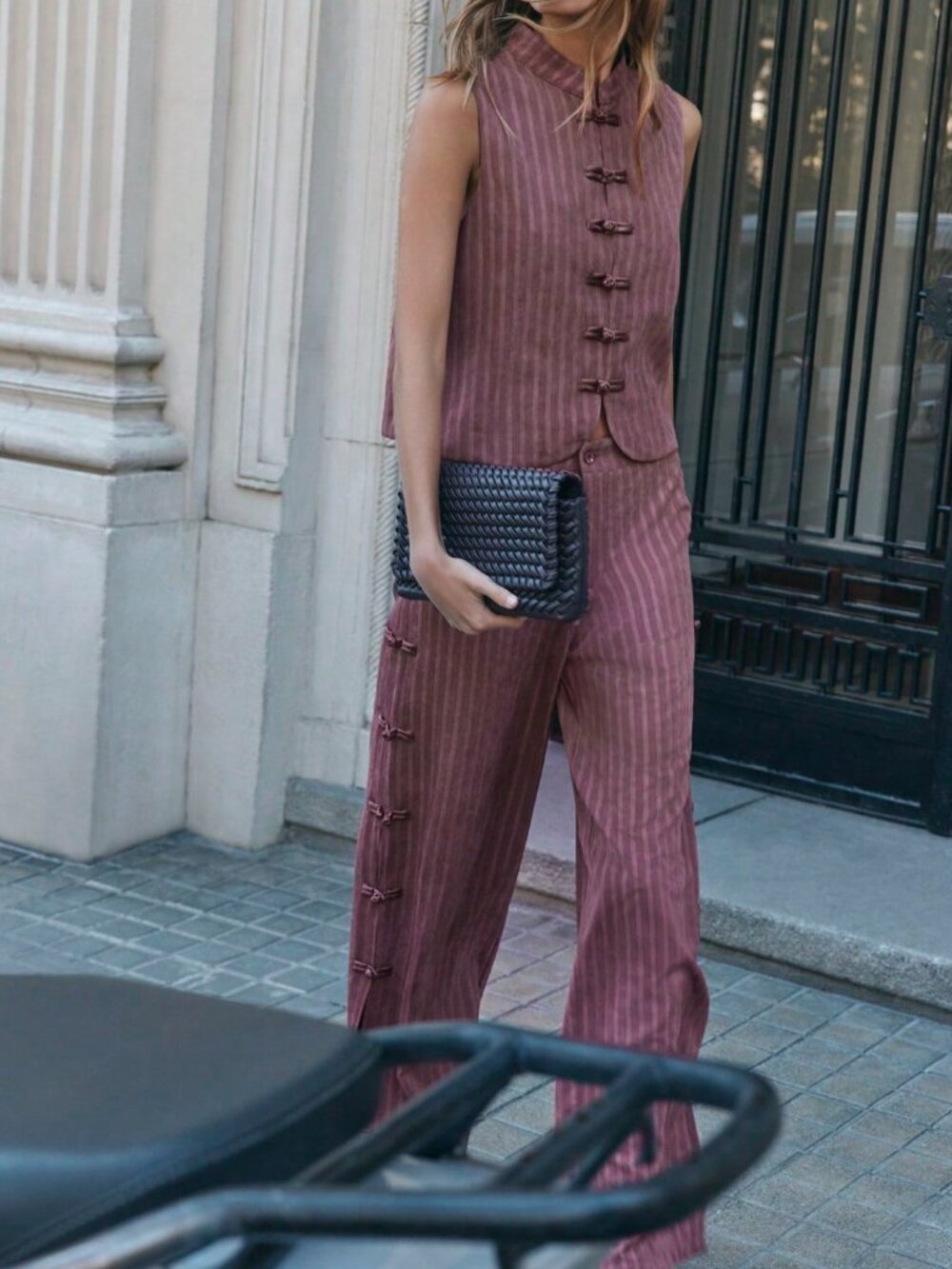 Burgundy Casual Women's Stand Collar Blouse And Long Plain Pants Set - Picture 10 of 13